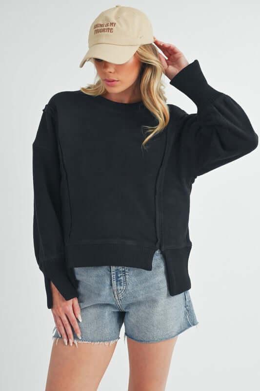 Aemi + Co Exposed Seam High-Low Round Neck Sherpa Top