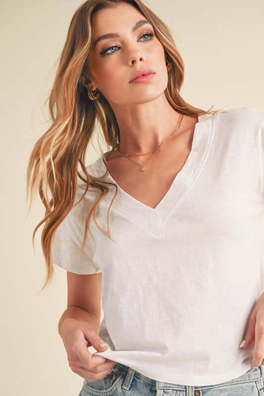 Aemi + Co Side Slit V-Neck Short Sleeve Cropped T-Shirt