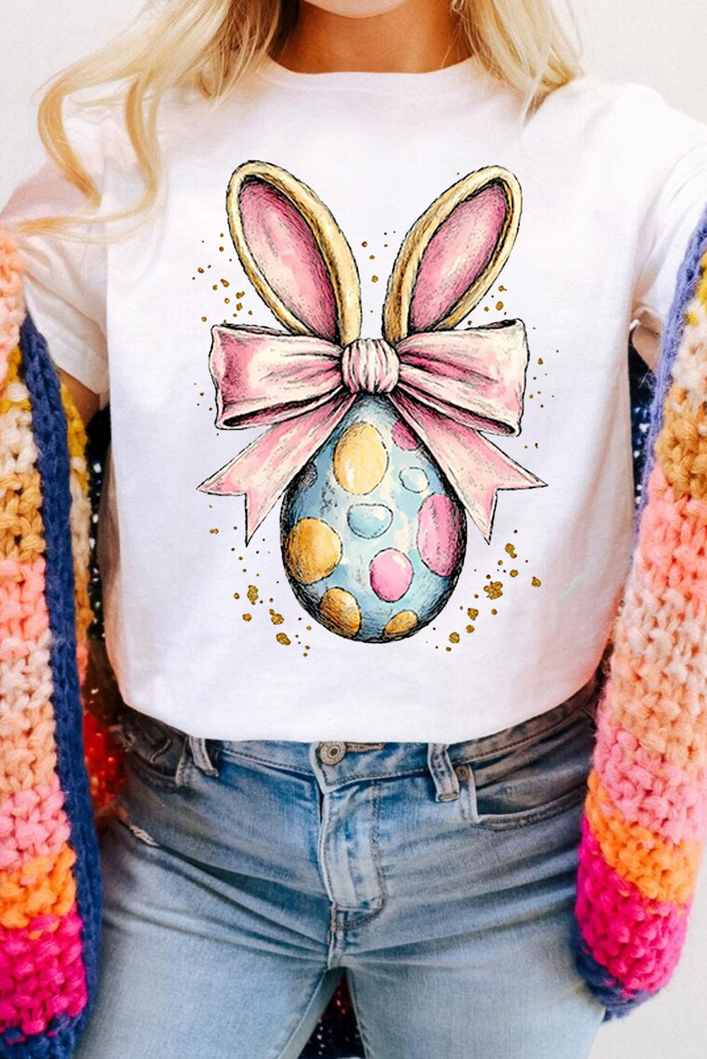 Easter Egg Bow Bunny Ear Graphic T-Shirt - Clothes For Her Online Store