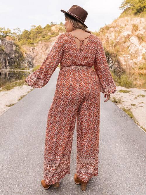 Plus Size Printed V-Neck Tie Front Balloon Sleeve Jumpsuit