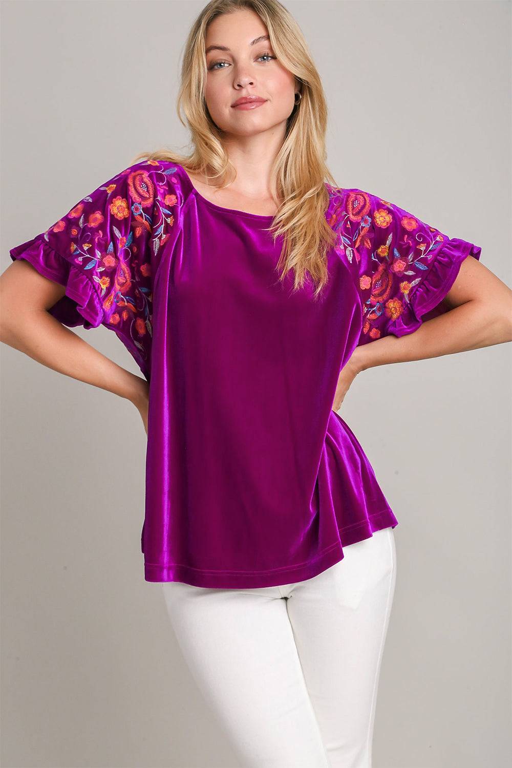 Umgee Full Size Velvet Embroidery Short Sleeve Blouse - Clothes For Her Online Store