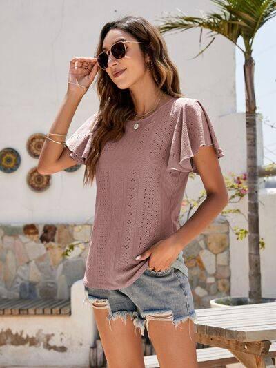 Mandy Eyelet Round Neck Flutter Sleeve Top