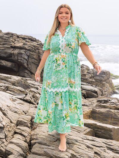 Plus Size Printed Notched Short Sleeve Maxi Dress