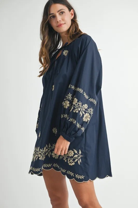 MABLE Embroidered Long Sleeve Peasant Mini Dress