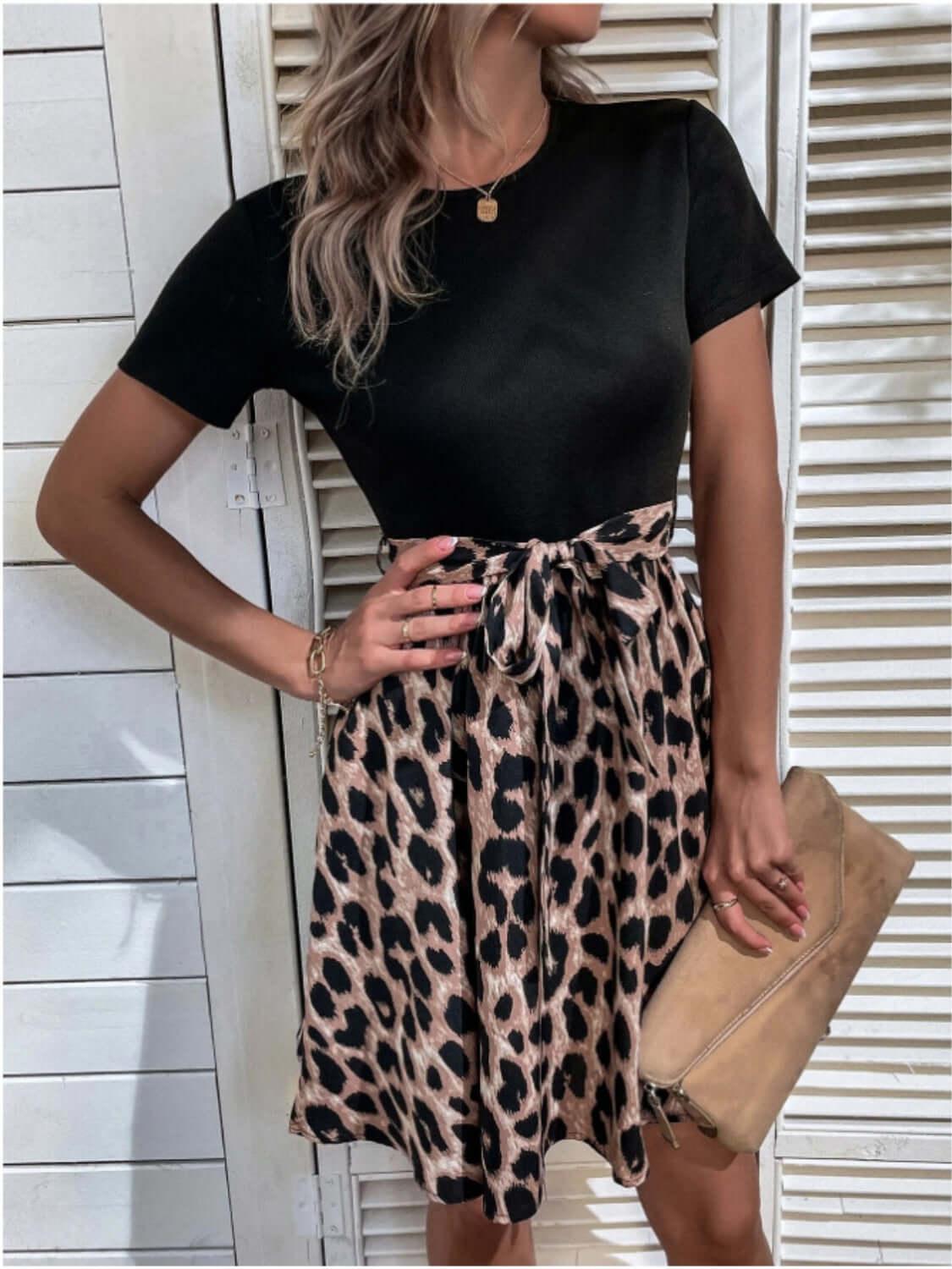 Tied Front Contrast Leopard Short Sleeve Mini Dress