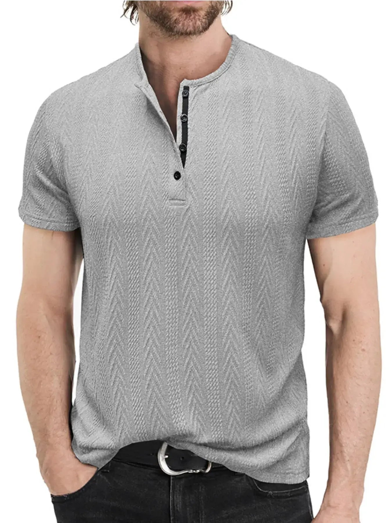 Men's Textured Chevron Pattern Henley Polo Shirt