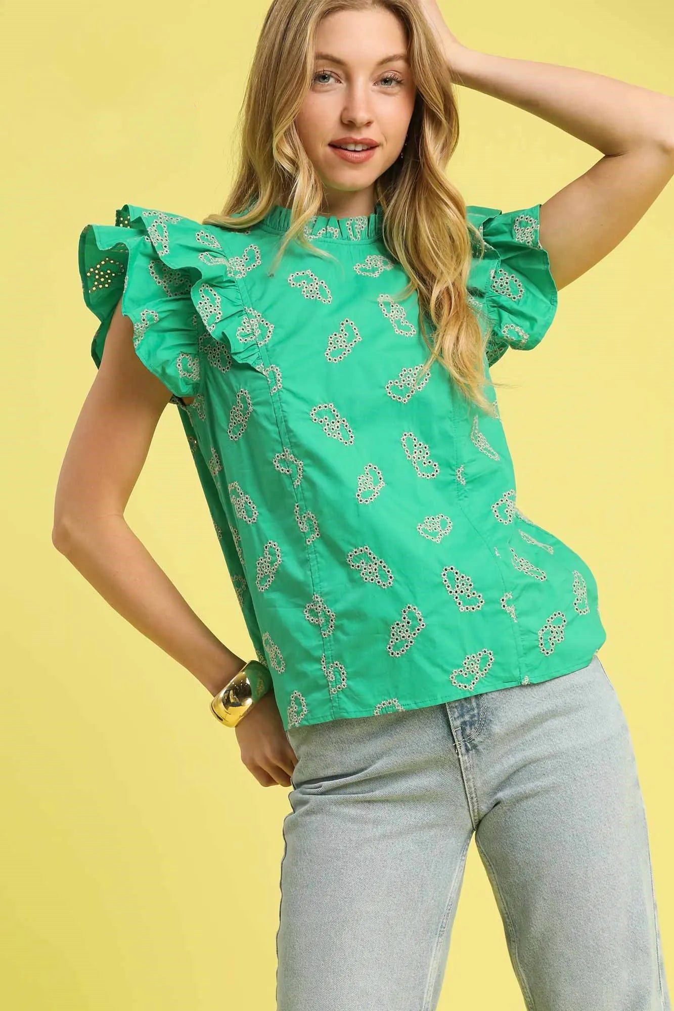 Umgee Eyelet Ruffle Cap Sleeve Blouse