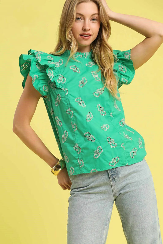 Umgee Eyelet Ruffle Cap Sleeve Blouse