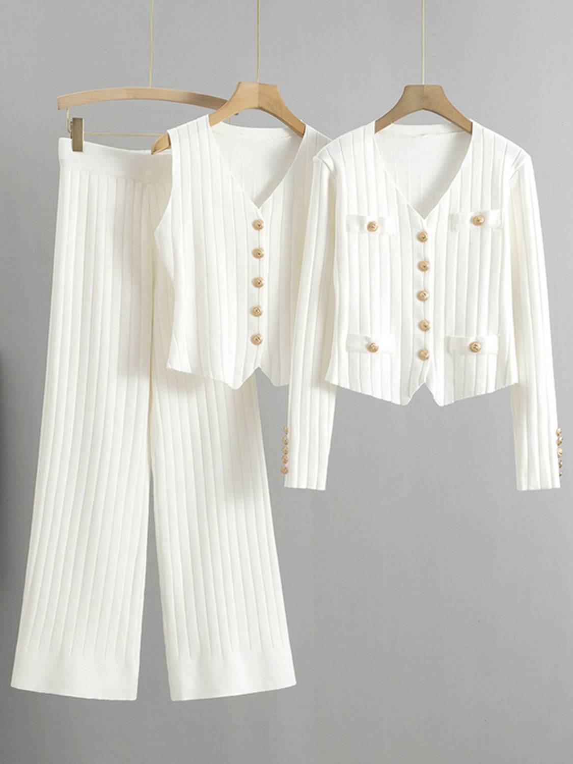V-Neck Tank, Cardigan and Pants Three-Piece Sweater Set - Clothes For Her Online Store