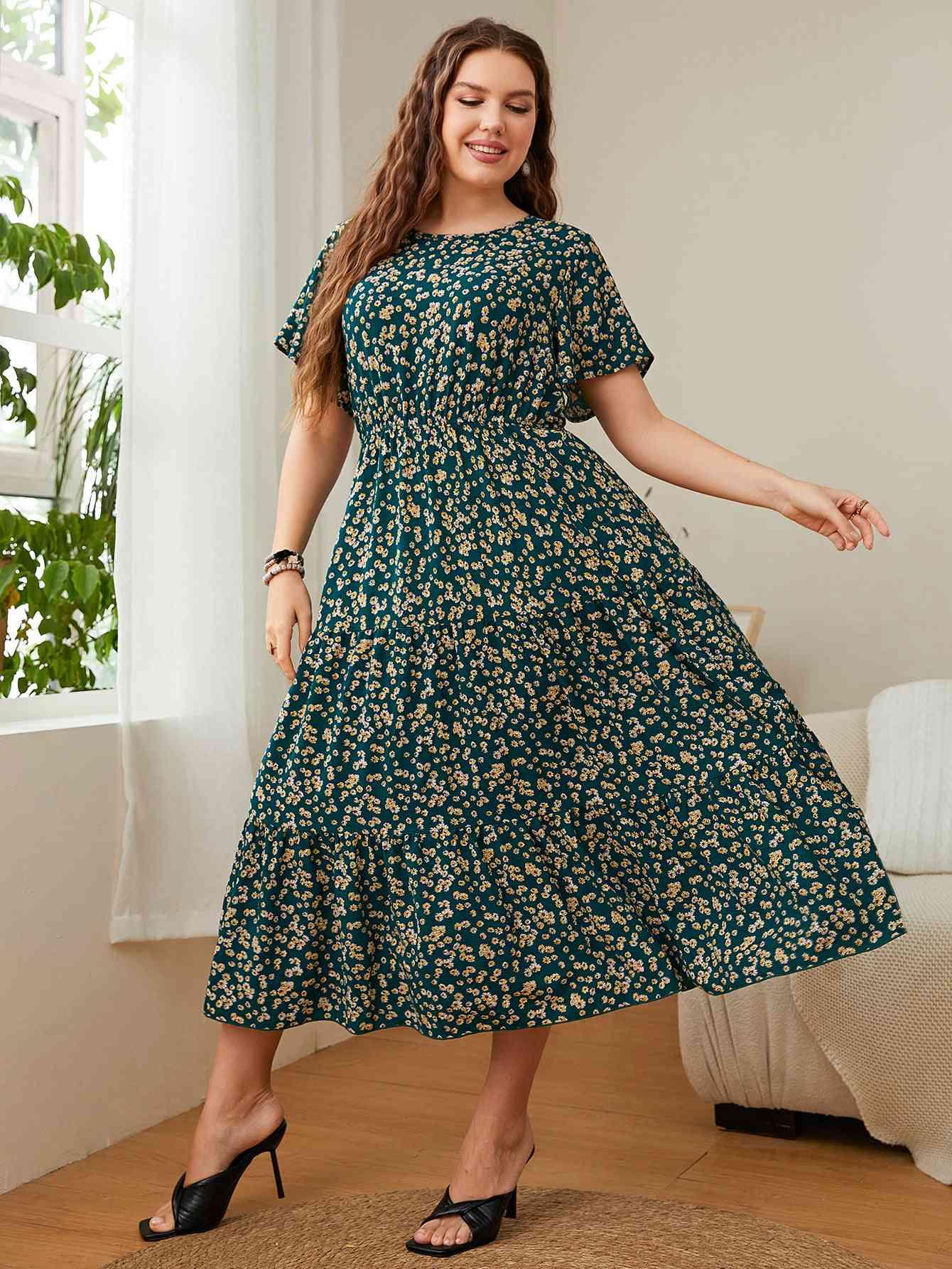 Honey Plus Size Floral Round Neck Short Sleeve Midi Dress