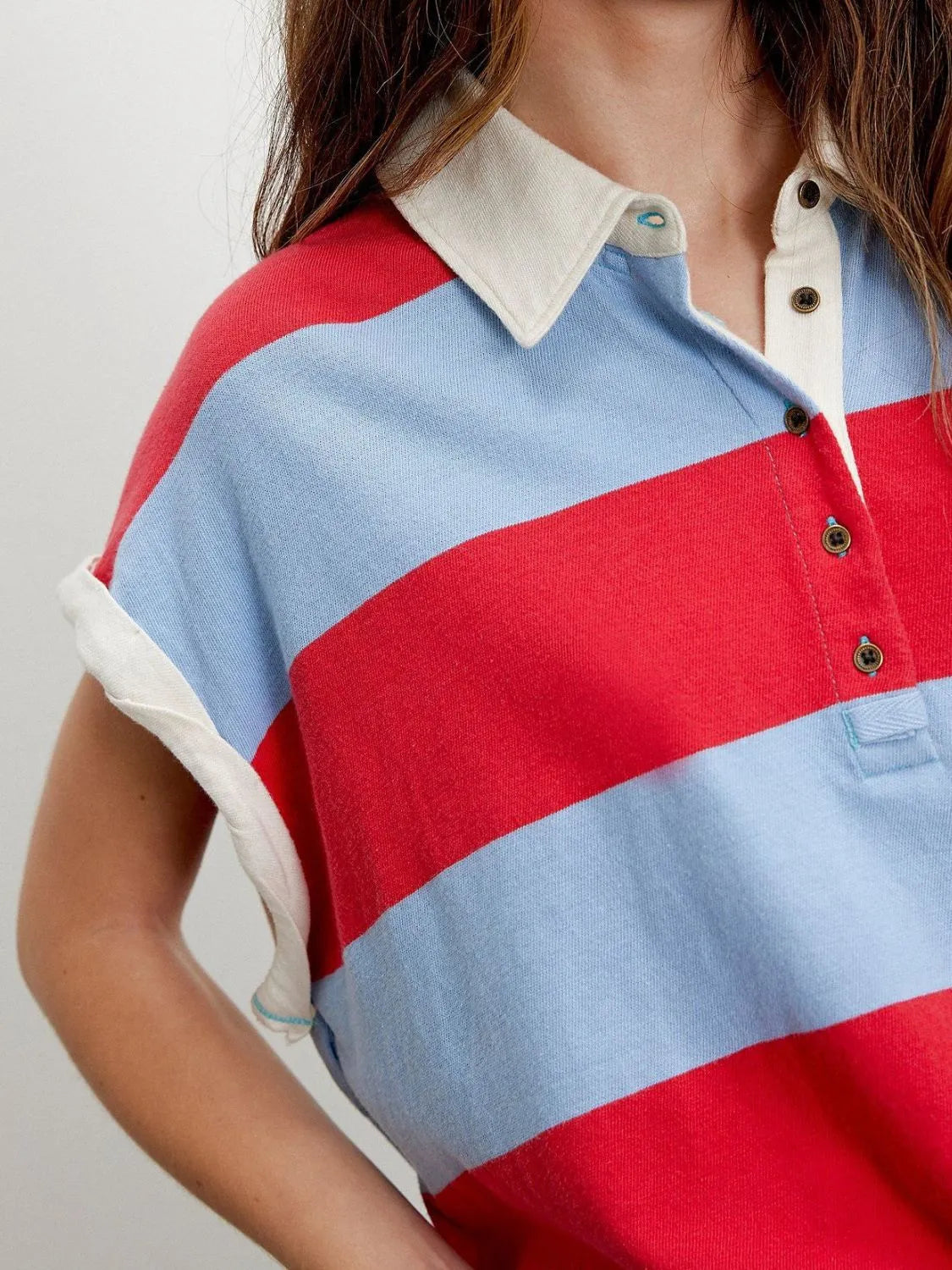 Striped Collared Neck Short Sleeve Top