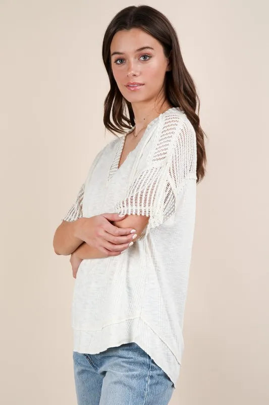 VERY J Full Size Oversized Contrast Knit Comfy Casual Top Plus Size