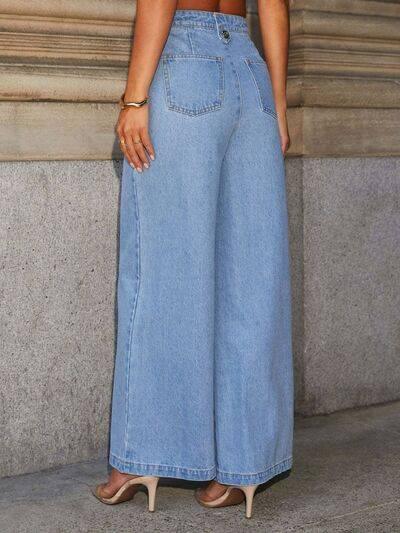 Button Decor High Rise Wide Leg Jeans