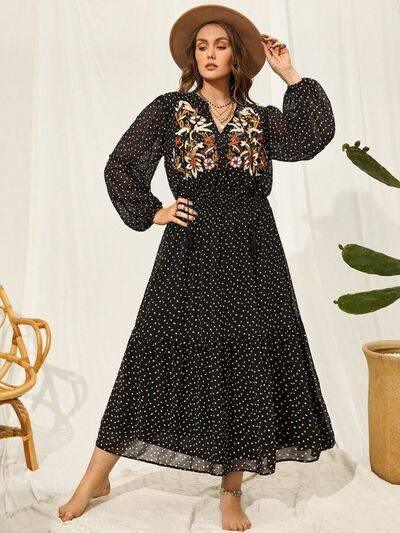 Plus Size Embroidered Tassel Balloon Sleeve Dress - Clothes For Her Online Store