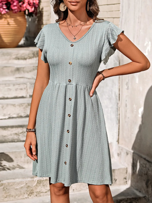 V-Neck Ruffled Cap Sleeve Dress