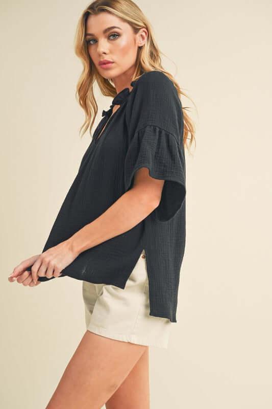 Aemi + Co Side Slit Notched Ruffled Half Sleeve Blouse - Clothes For Her Online Store
