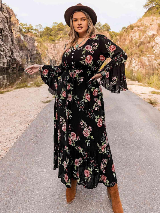 Plus Size Floral Flare Sleeve Dress - Clothes For Her Online Store