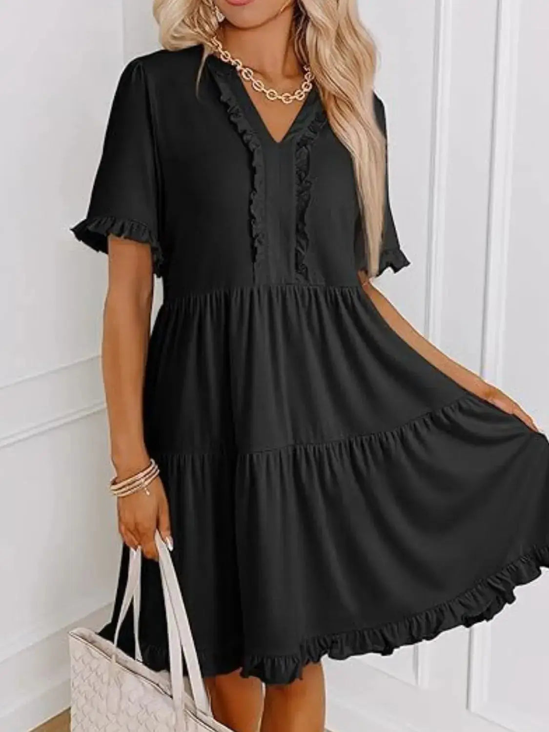 Tiered Notched Short Sleeve Mini Dress - Clothes For Her Online Store