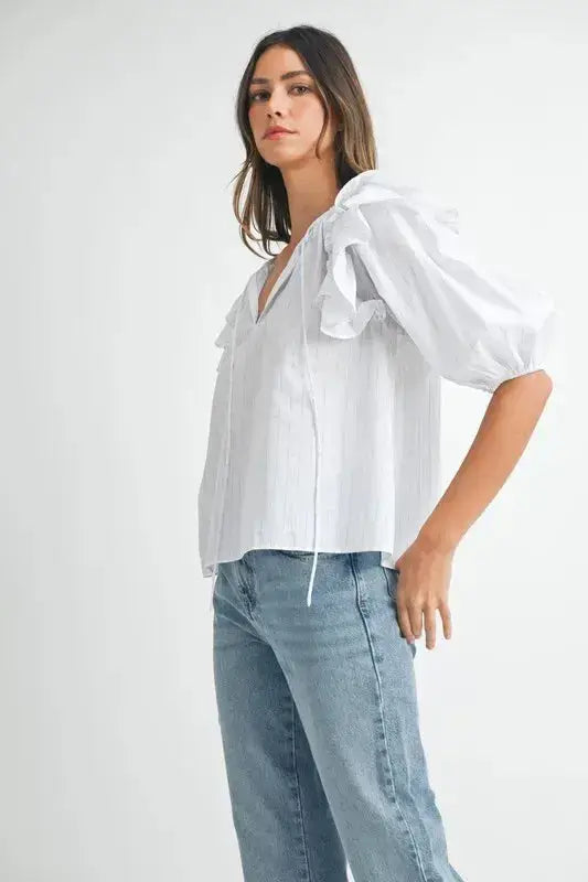 MABLE Stripe Ruffle Shoulder Puff Sleeve Blouse - Clothes For Her Online Store