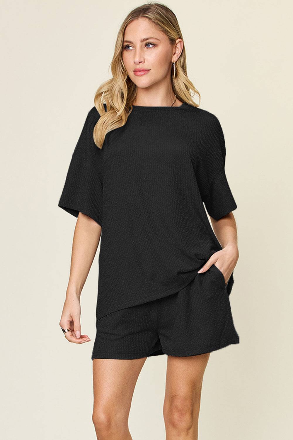 Double Take Basic style Round Neck Solid Set - Clothes For Her Online Store