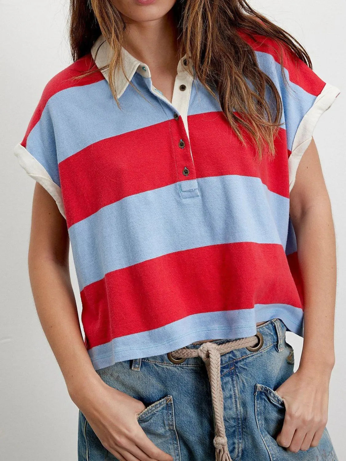 Striped Collared Neck Short Sleeve Top