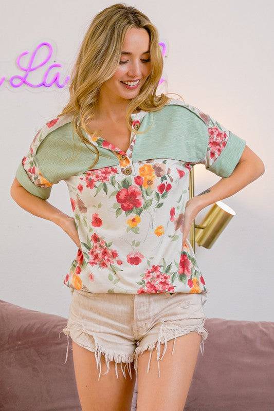 BiBi Floral Button Detail Round Neck Short Sleeve Terry T-Shirt - Clothes For Her Online Store