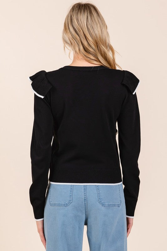 Mittoshop Contrast Trim Ruffled Round Neck Knit Top - Clothes For Her Online Store