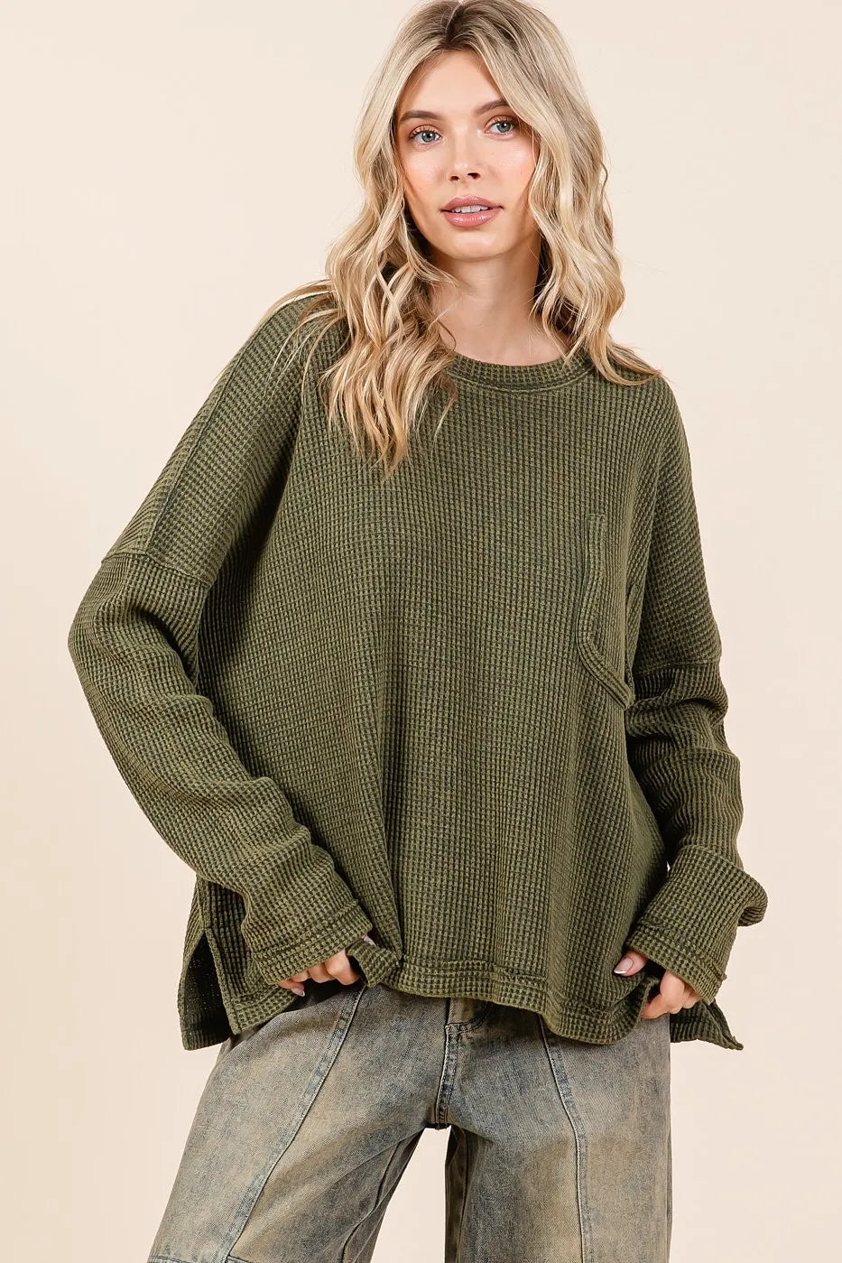Mittoshop Mineral Wash Cutout Pocket Long Sleeve Waffle Top