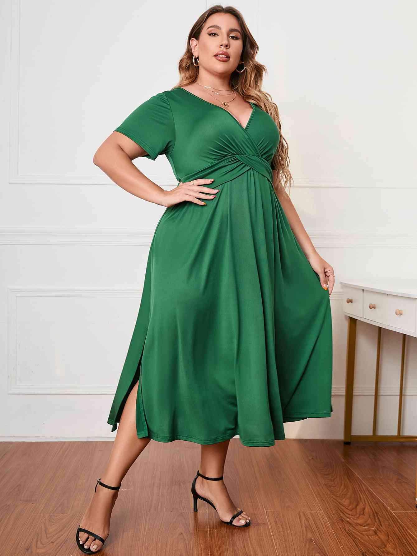 Honey Plus Size Short Sleeve Surplice Neck Midi Dress - Clothes For Her Online Store