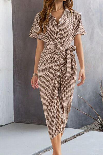 Devine Collared Neck Short Sleeve Midi Shirt Dress - Clothes For Her Online Store