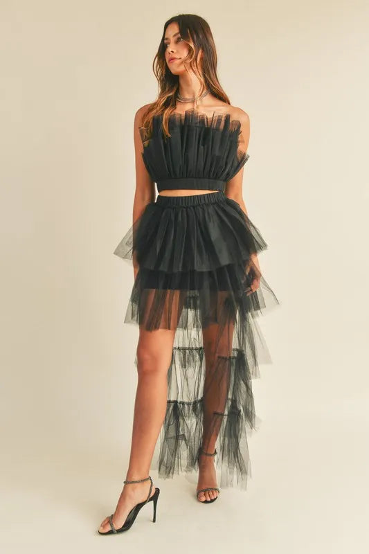 MABLE Tulle Tube Ruffle Crop Top and High Low Maxi Skirt Set - Clothes For Her Online Store