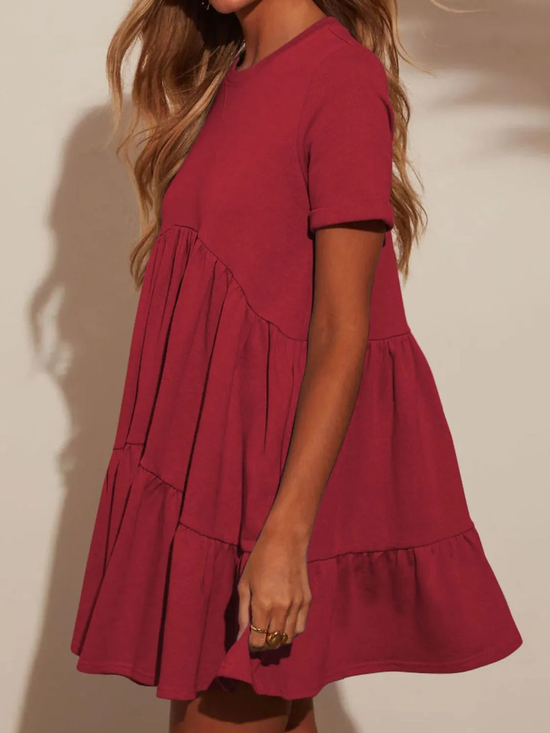 Tiered Round Neck Short Sleeve Mini Dress