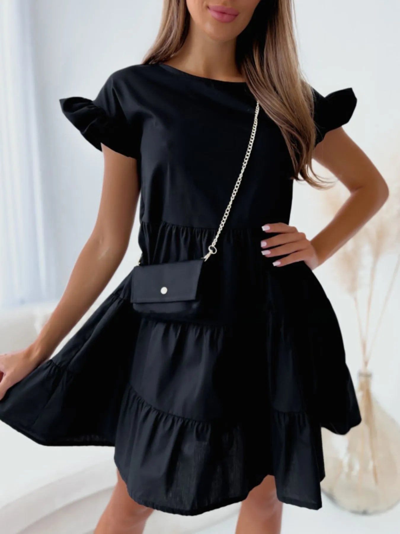 Ruffle Sleeve Tiered Swing Dress