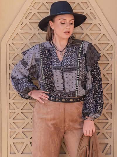 Plus Size Ruffled Printed Notched Long Sleeve Blouse - Clothes For Her Online Store