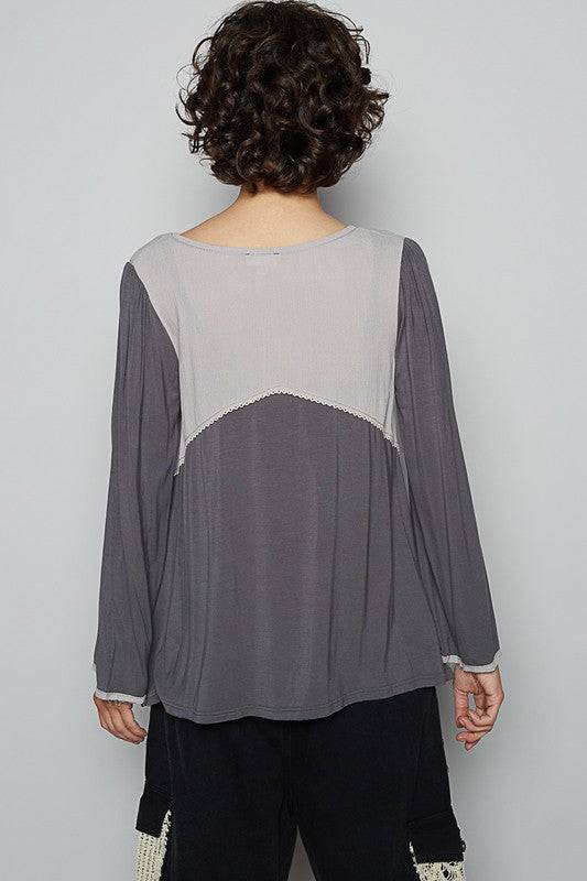 POL Contrast Button Front Long Sleeve Knit Top