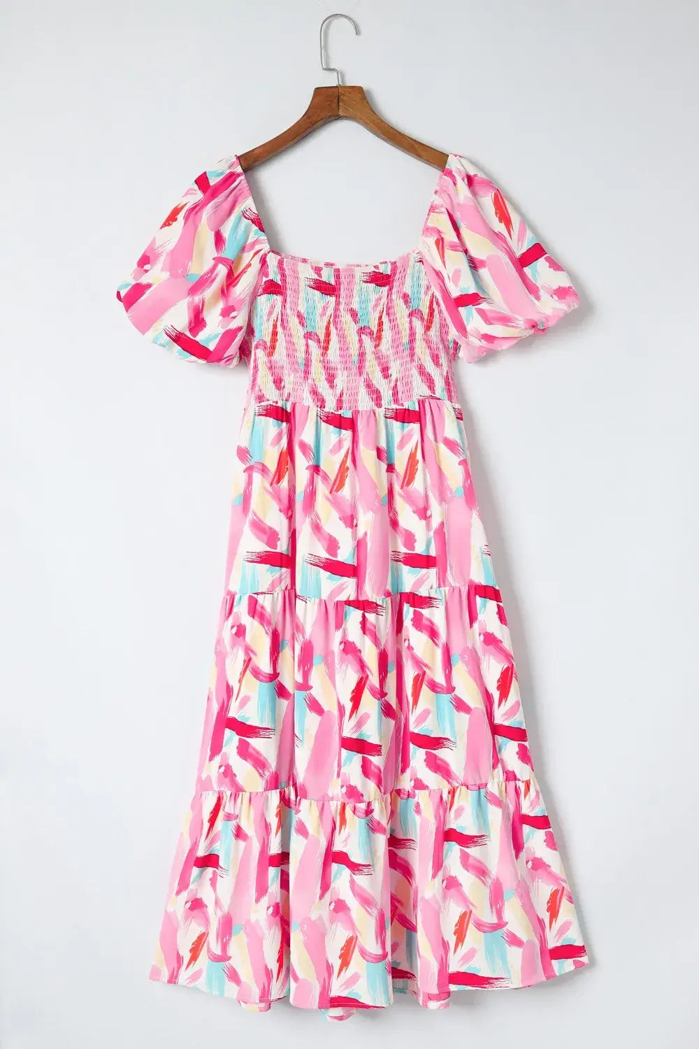 Geometric Print Puff Sleeve Square Neck Midi Dress