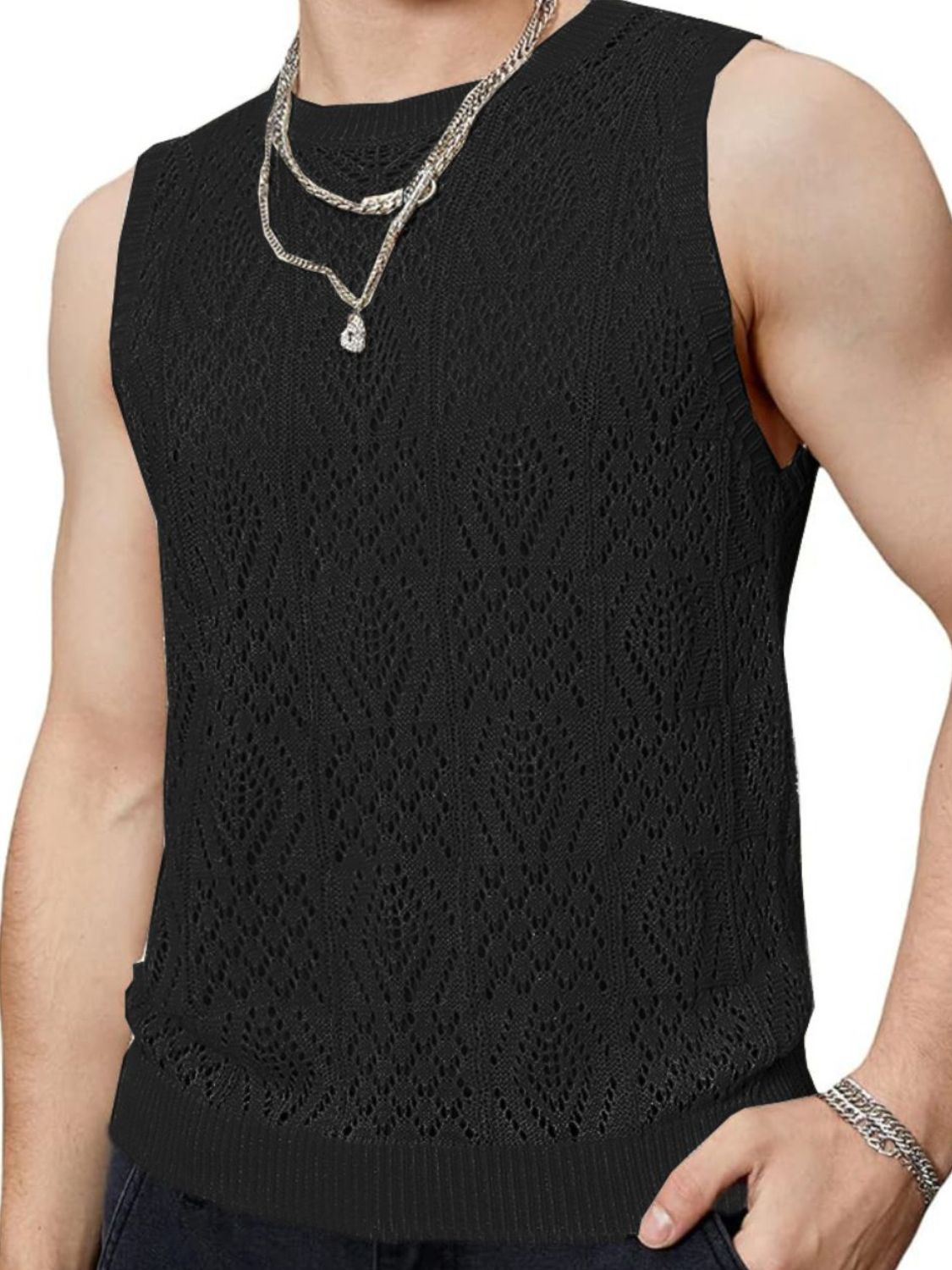 Men's Openwork Round Neck Tank - Clothes For Her Online Store