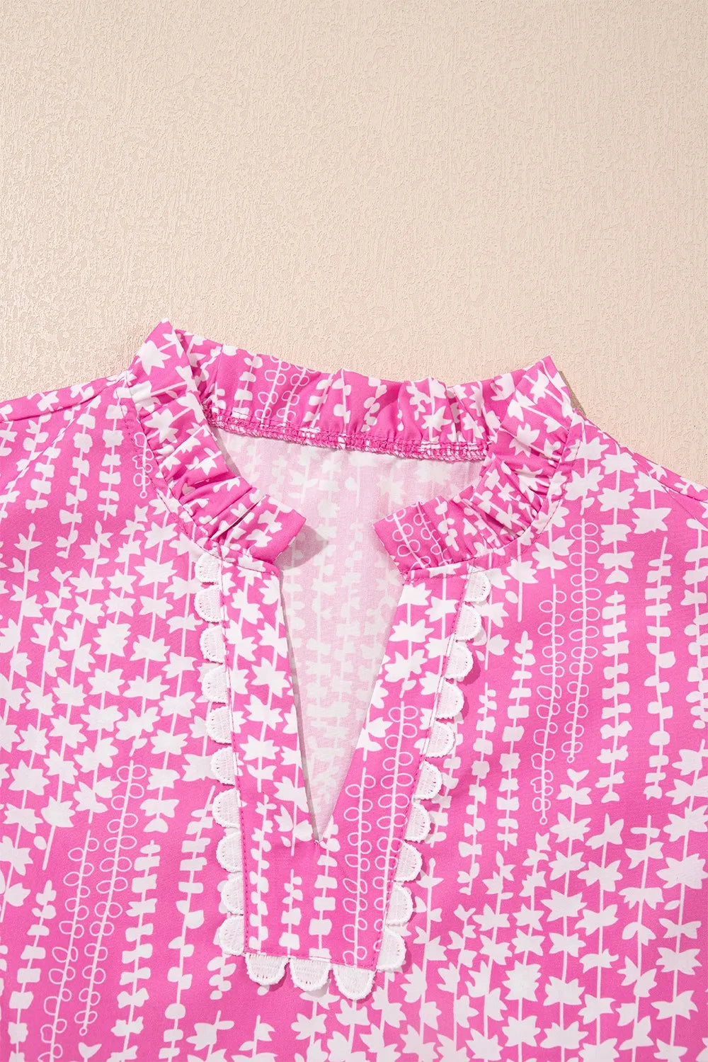 Abstract Print Ric Rac Trim Flutter Sleeve Notched Blouse