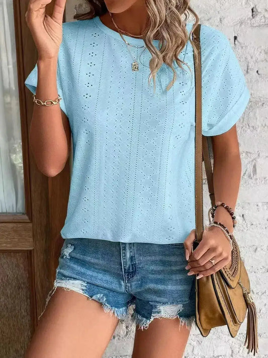 Eyelet Round Neck Short Sleeve Top - Clothes For Her Online Store