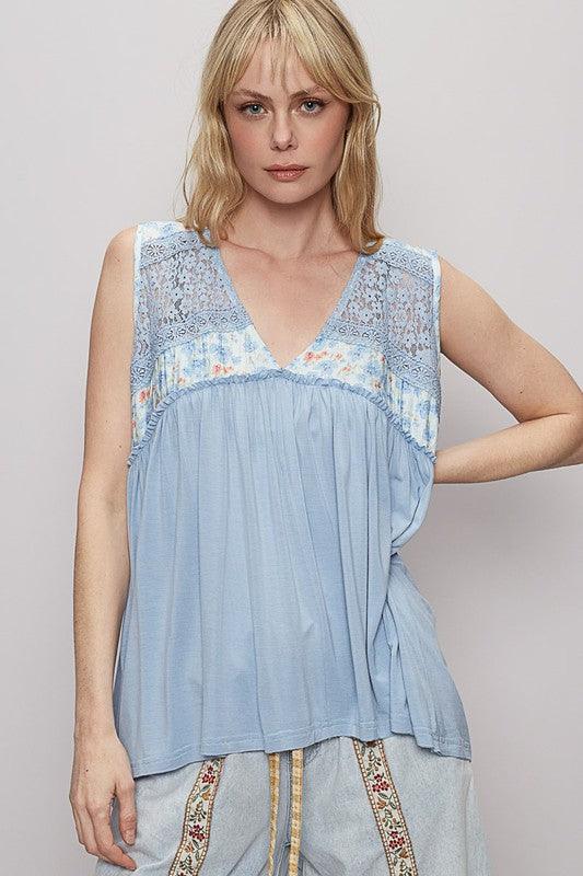 POL Lace Detail Frill Floral V-Neck Sleeveless Top