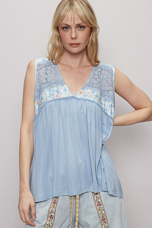 POL Lace Detail Frill Floral V-Neck Sleeveless Top