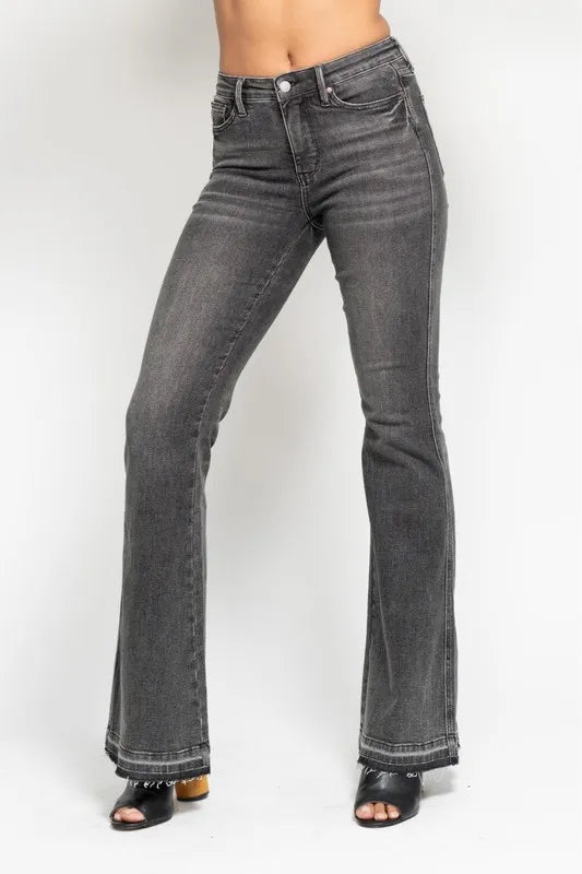 Judy Blue Full Size Midi Rise Tummy Control Washed Gray Release Hem Flare Jeans Plus Size