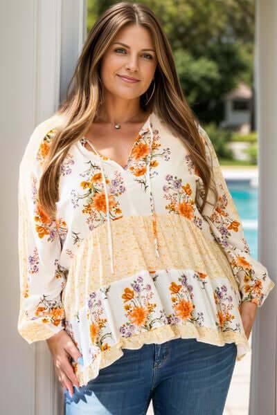 Plus Size Printed Tie Neck Long Sleeve Blouse - Clothes For Her Online Store