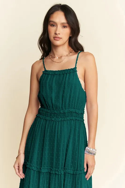 Davi & Dani Texture Swiss Dot Ruffle Square Neck Midi Dress