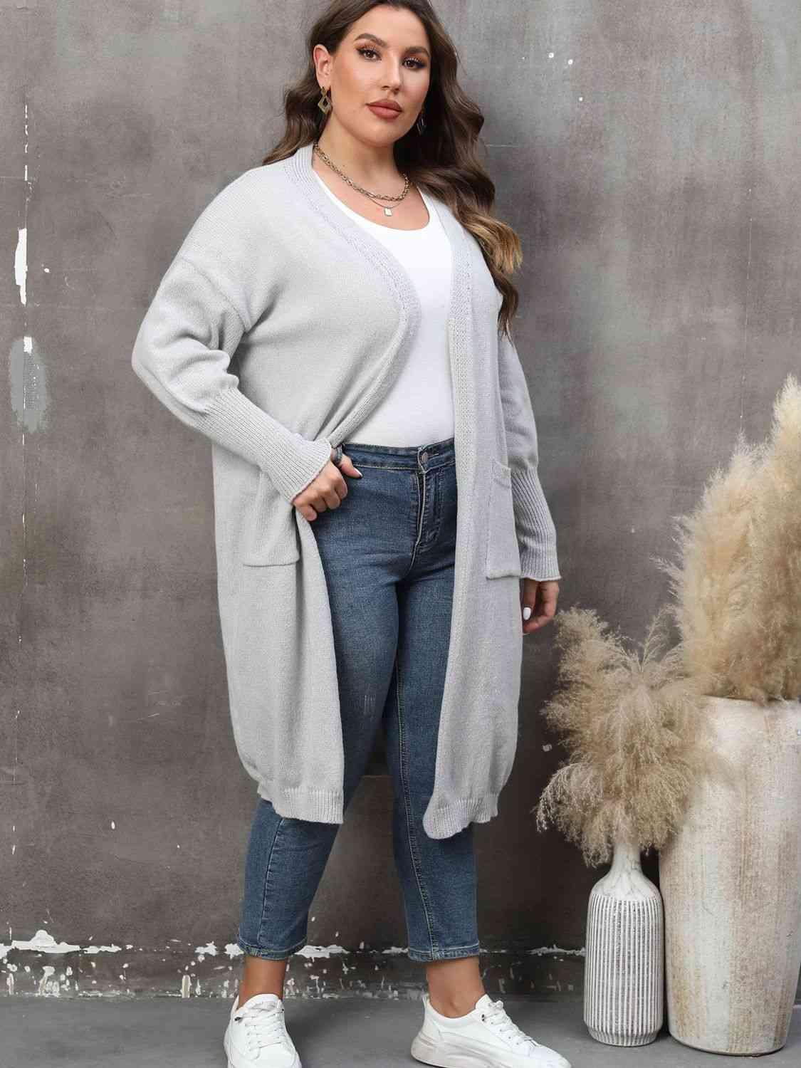 Plus Size Long Sleeve Pocketed Cardigan - Clothes For Her Online Store