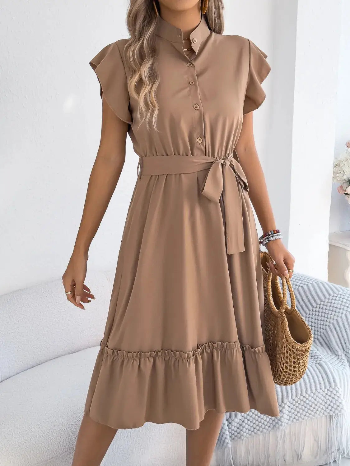 Tie Waist Ruffled Cap Sleeve Dress - Clothes For Her Online Store