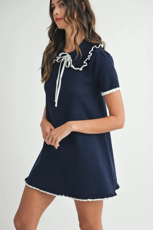 MABLE Ruffle Trimmed Collar Fine Knit Mini Dress