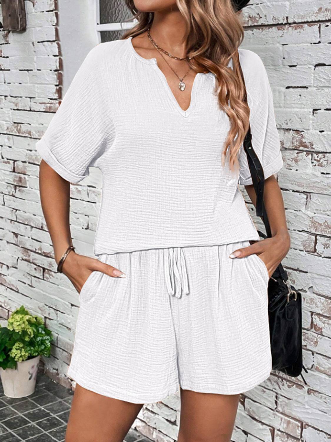 Notched Half Sleeve Top and Shorts Set - Clothes For Her Online Store