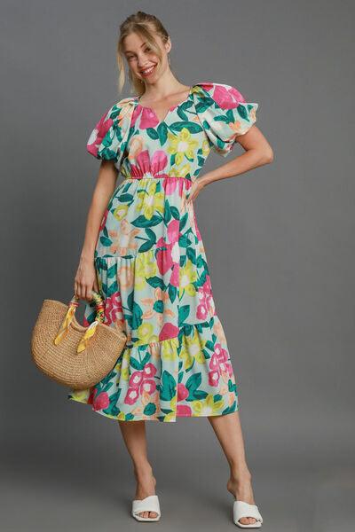 Umgee Full Size Tiered Floral Print Notched Puff Sleeve Midi Dress Plus Size - Clothes For Her Online Store