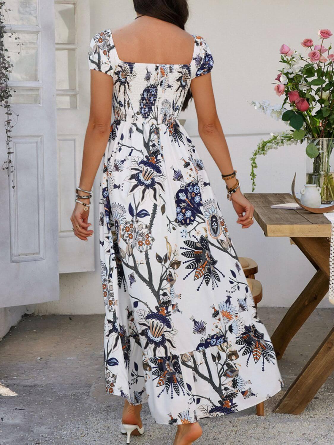 Devine Smocked Printed Short Sleeve Maxi Dress